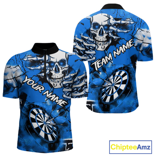 Personalized Blue Grunge Skull Darts Shirt For Men Custom Darts Team Jersey Polo & Quarter Zip TDM5029