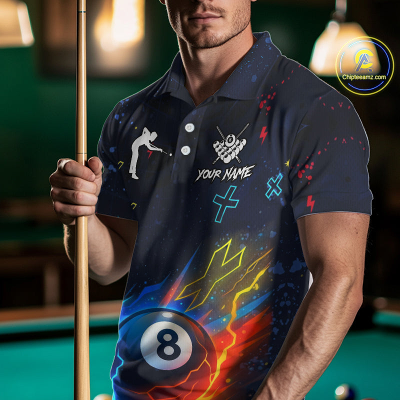 Funny Neon 8 Ball Billiard Shirt For Men Custom Navy Blue Pool Team Shirt Polo & 1/4 Zip TDM5491