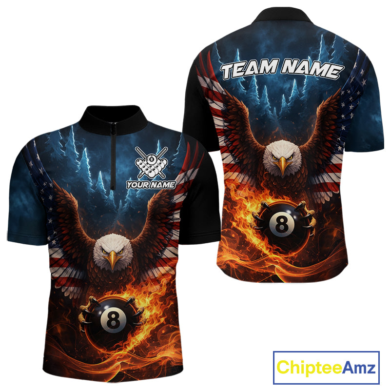 American Flag Eagle 8 Ball Flame Billiard Shirt For Men Custom Patriotic Pool Jersey Polo, 1/4 Zip TDM5754