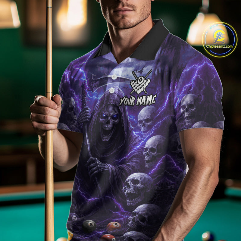 Purple Grim Reaper Lightning Billiard Shirt For Men Custom Skull Pool Team Jersey Polo & 1/4 Zip TDM5964