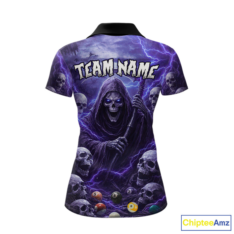 Purple Grim Reaper Lightning Billiard Shirt For Women Custom Skull Pool Team Jersey Polo & 1/4 Zip TDM5964