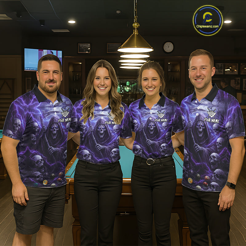 Purple Grim Reaper Lightning Billiard Shirt For Men Custom Skull Pool Team Jersey Polo & 1/4 Zip TDM5964
