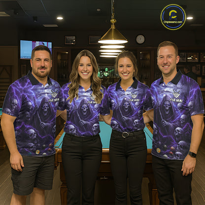 Purple Grim Reaper Lightning Billiard Shirt For Men Custom Skull Pool Team Jersey Polo & 1/4 Zip TDM5964