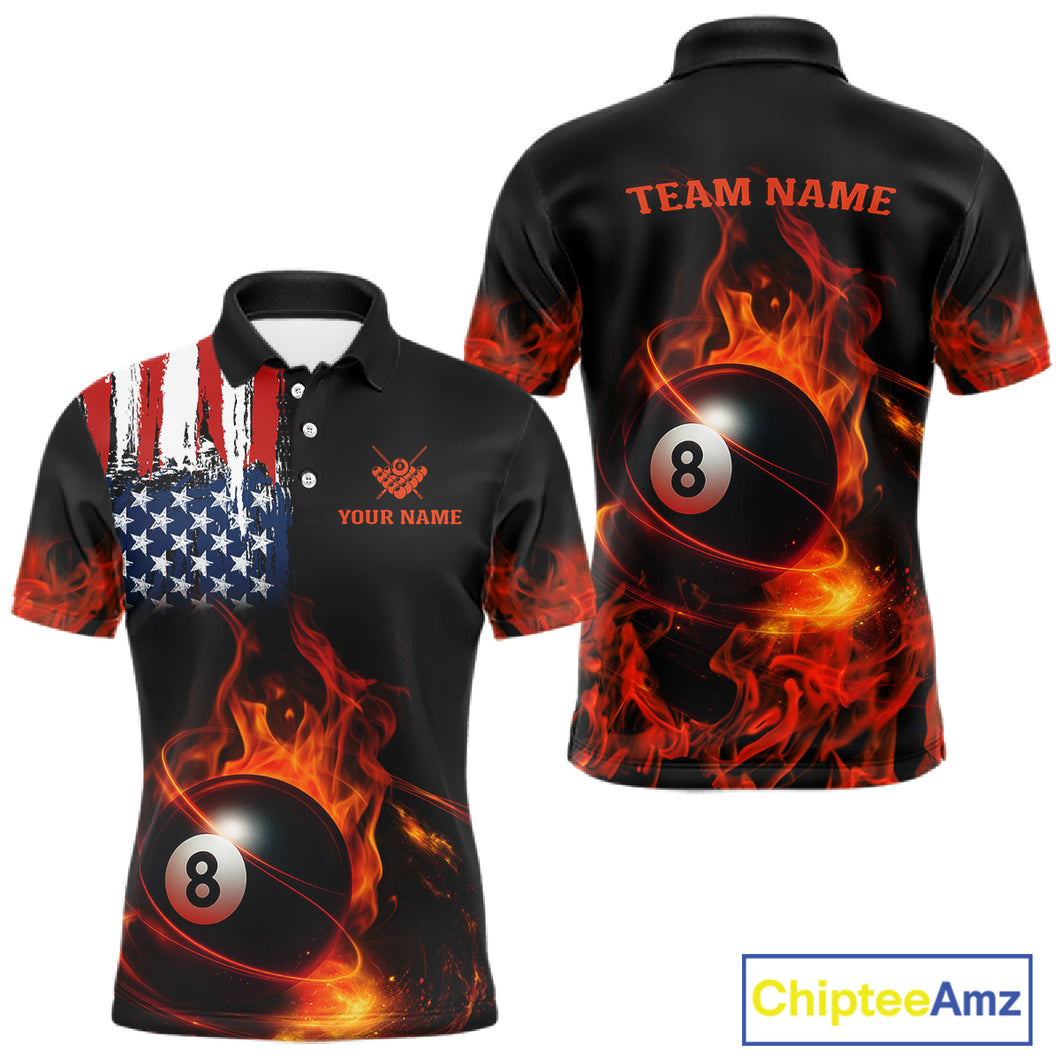 Orange Flaming American Flag 8 Ball Billiard Shirt For Men Custom Patriotic Pool Team Jersey TDM4841