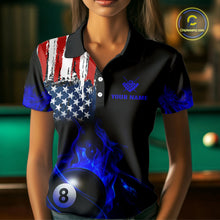 Load image into Gallery viewer, Blue Flaming American Flag 8 Ball Billiard Shirt For Women Custom Patriotic Pool Team Jersey TDM4842
