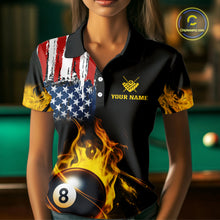 Load image into Gallery viewer, Yellow Flaming American Flag 8 Ball Billiard Shirt For Women Custom Patriotic Pool Team Jersey TDM4843