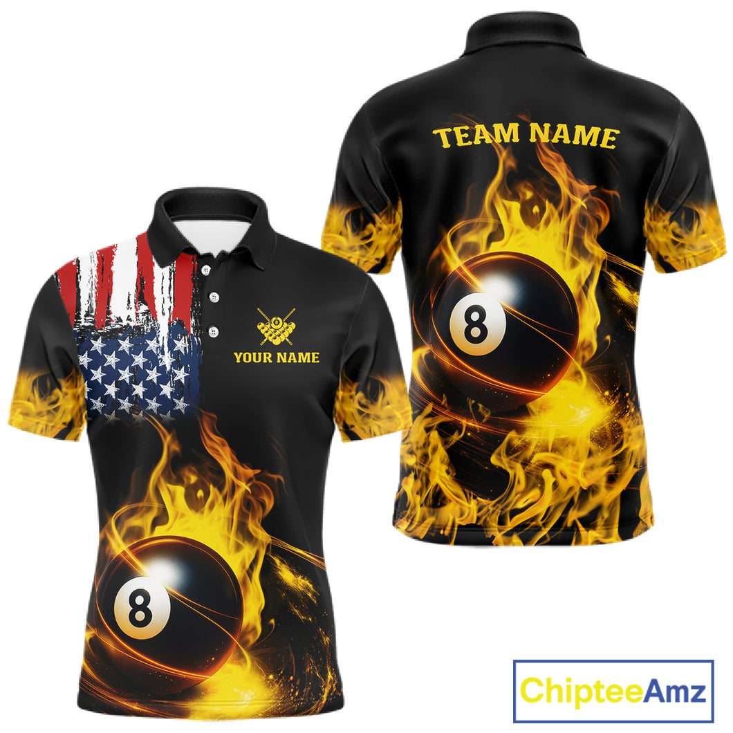 Yellow Flaming American Flag 8 Ball Billiard Shirt For Men Custom Patriotic Pool Team Jersey TDM4843
