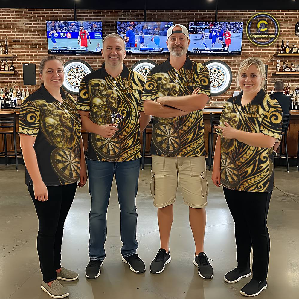 Black And Gold Custom Skull Darts Shirt For Women, Tribal Darts Team Jersey Polo & Quarter Zip TDM5805