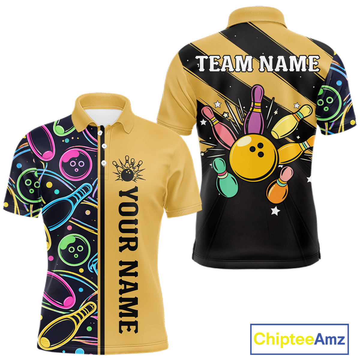 Personalized Funny Neon Bowing Shirt For Men, Retro Bowling Team Jersey Polo & 1/4 Zip | Yellow TDM6186