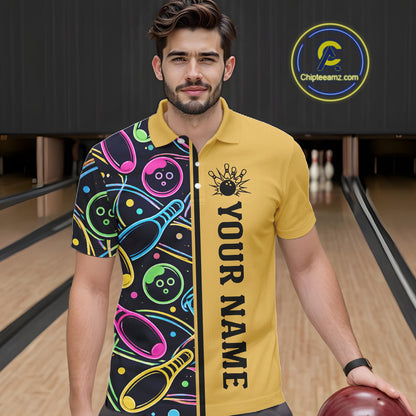 Personalized Funny Neon Bowing Shirt For Men, Retro Bowling Team Jersey Polo & 1/4 Zip | Yellow TDM6186
