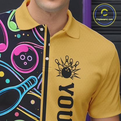 Personalized Funny Neon Bowing Shirt For Men, Retro Bowling Team Jersey Polo & 1/4 Zip | Yellow TDM6186