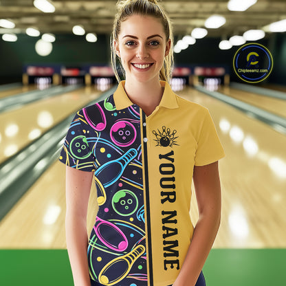 Personalized Funny Neon Bowing Shirt For Women, Retro Bowling Team Jersey Polo & 1/4 Zip | Yellow TDM6186
