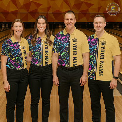 Personalized Funny Neon Bowing Shirt For Men, Retro Bowling Team Jersey Polo & 1/4 Zip | Yellow TDM6186