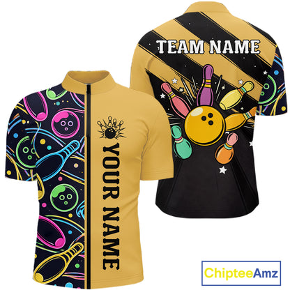 Personalized Funny Neon Bowing Shirt For Men, Retro Bowling Team Jersey Polo & 1/4 Zip | Yellow TDM6186