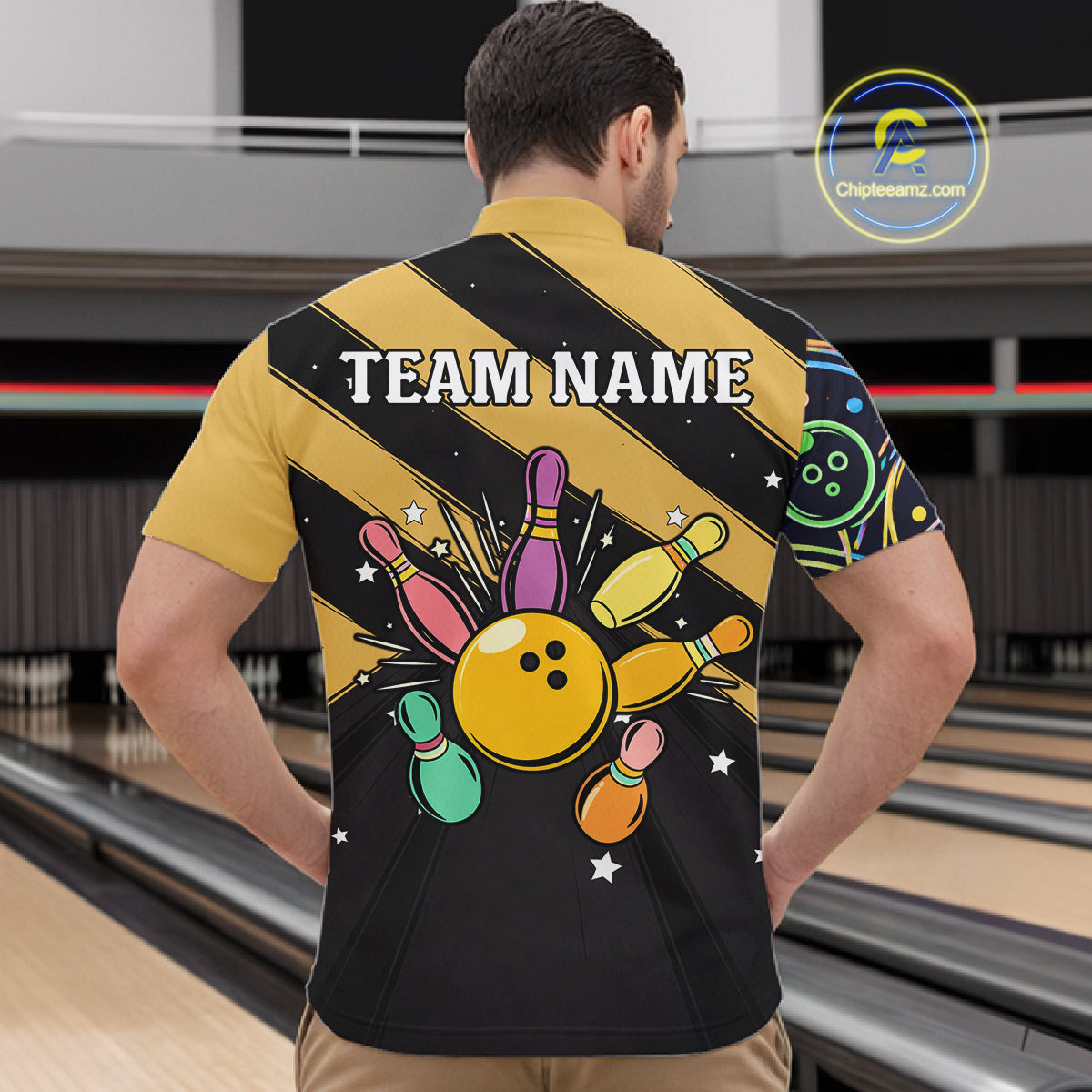 Personalized Funny Neon Bowing Shirt For Men, Retro Bowling Team Jersey Polo & 1/4 Zip | Yellow TDM6186