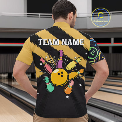 Personalized Funny Neon Bowing Shirt For Men, Retro Bowling Team Jersey Polo & 1/4 Zip | Yellow TDM6186