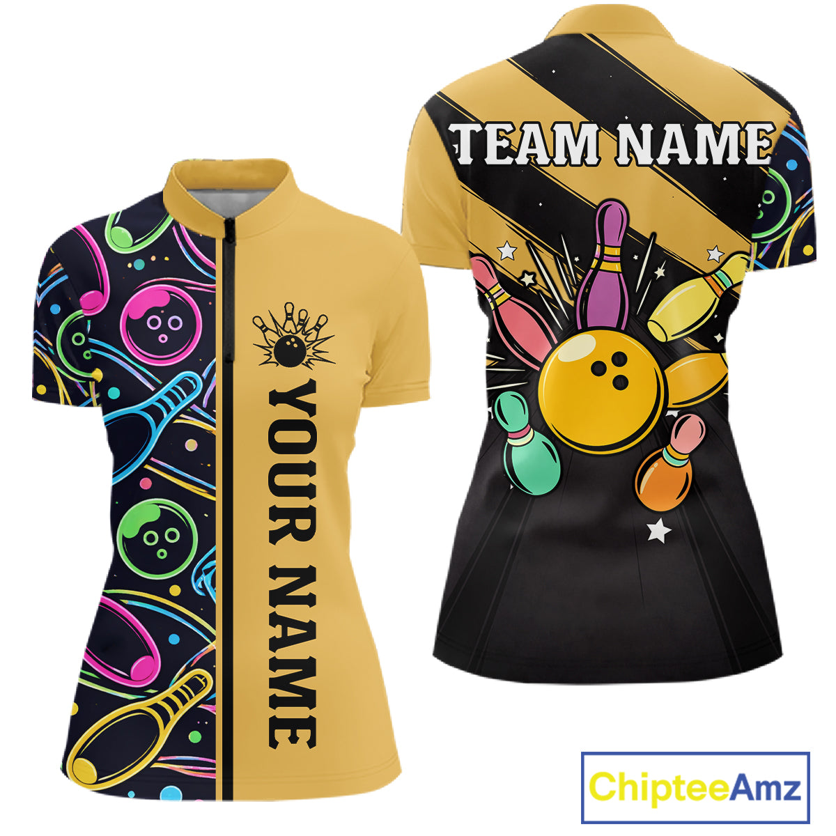 Personalized Funny Neon Bowing Shirt For Women, Retro Bowling Team Jersey Polo & 1/4 Zip | Yellow TDM6186