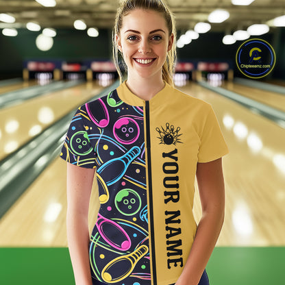 Personalized Funny Neon Bowing Shirt For Women, Retro Bowling Team Jersey Polo & 1/4 Zip | Yellow TDM6186