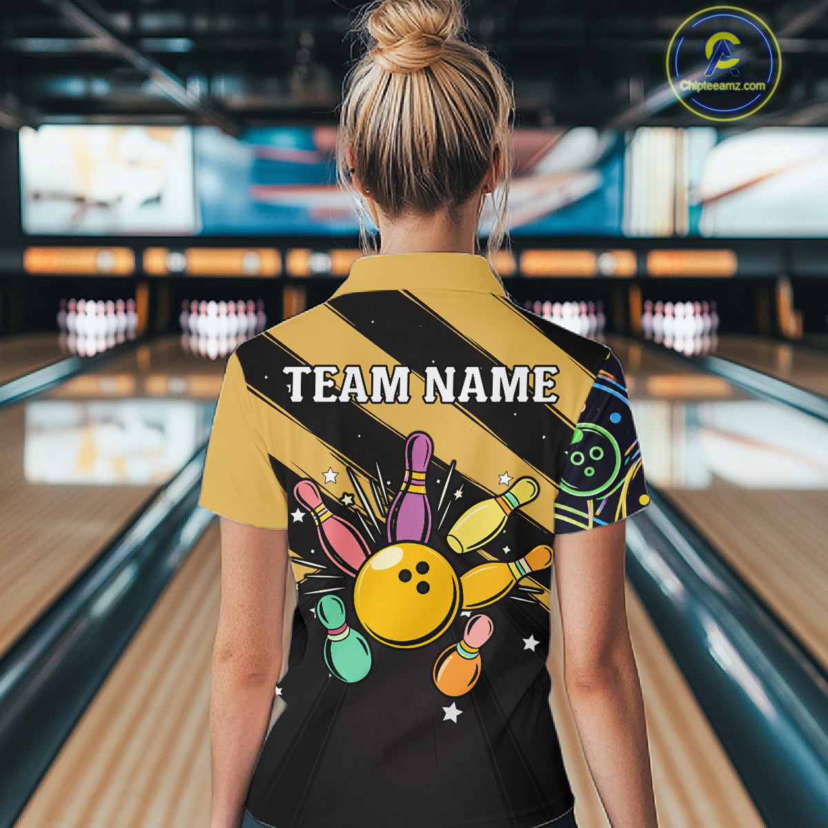 Personalized Funny Neon Bowing Shirt For Women, Retro Bowling Team Jersey Polo & 1/4 Zip | Yellow TDM6186
