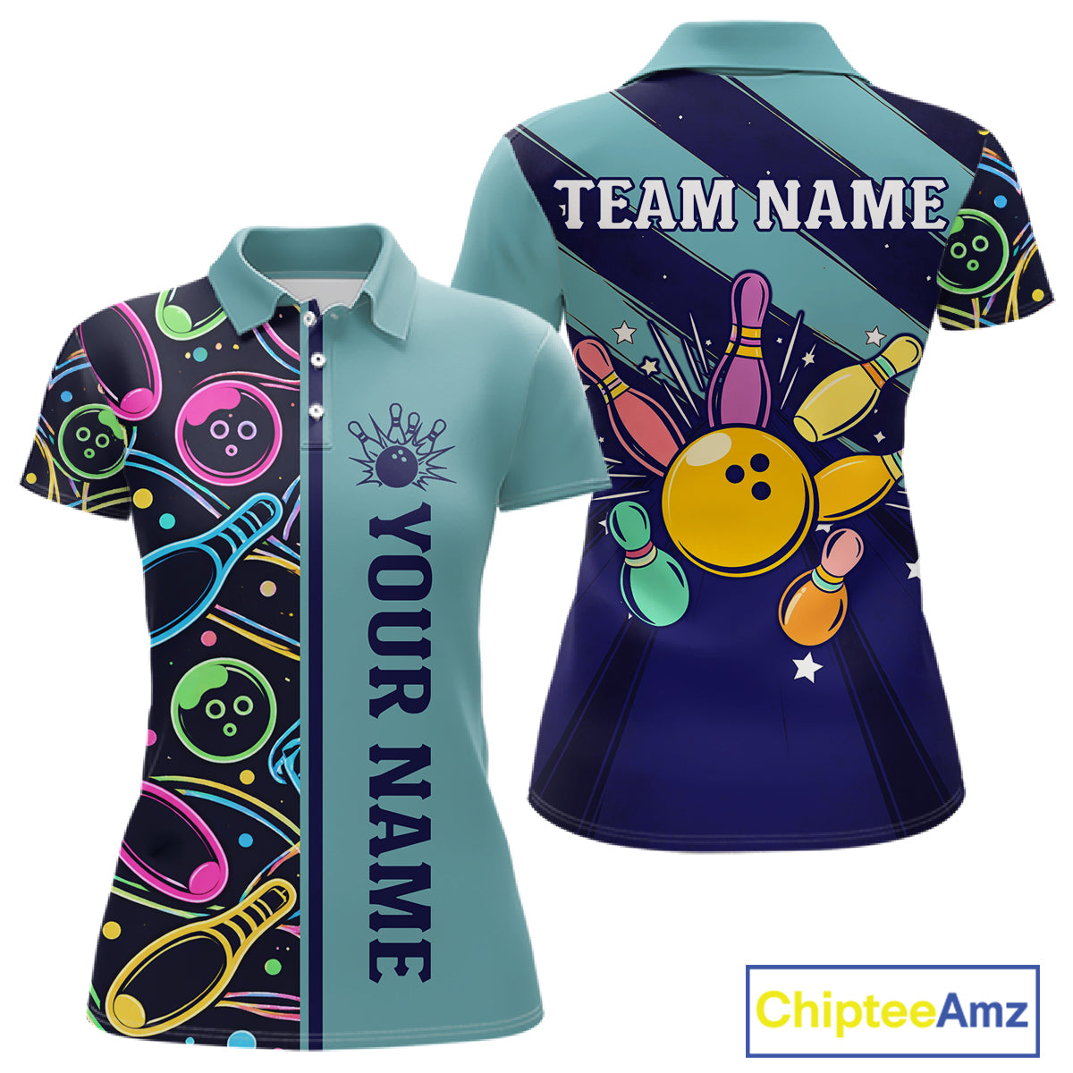 Personalized Funny Neon Bowing Shirt For Women, Retro Bowling Team Jersey Polo & 1/4 Zip | Teal TDM6187