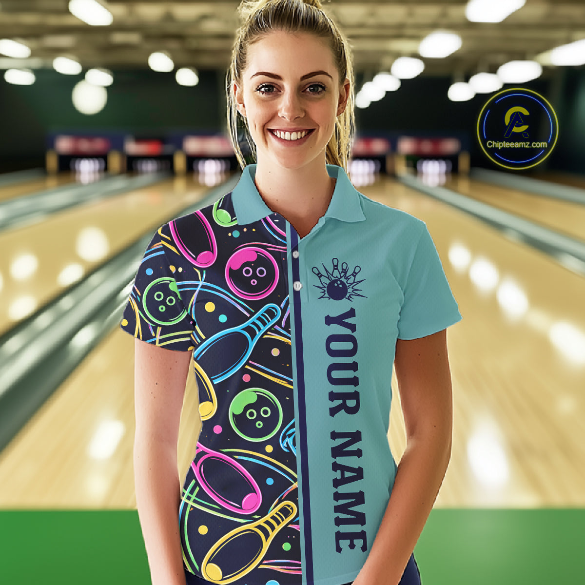 Personalized Funny Neon Bowing Shirt For Women, Retro Bowling Team Jersey Polo & 1/4 Zip | Teal TDM6187