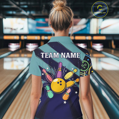 Personalized Funny Neon Bowing Shirt For Women, Retro Bowling Team Jersey Polo & 1/4 Zip | Teal TDM6187
