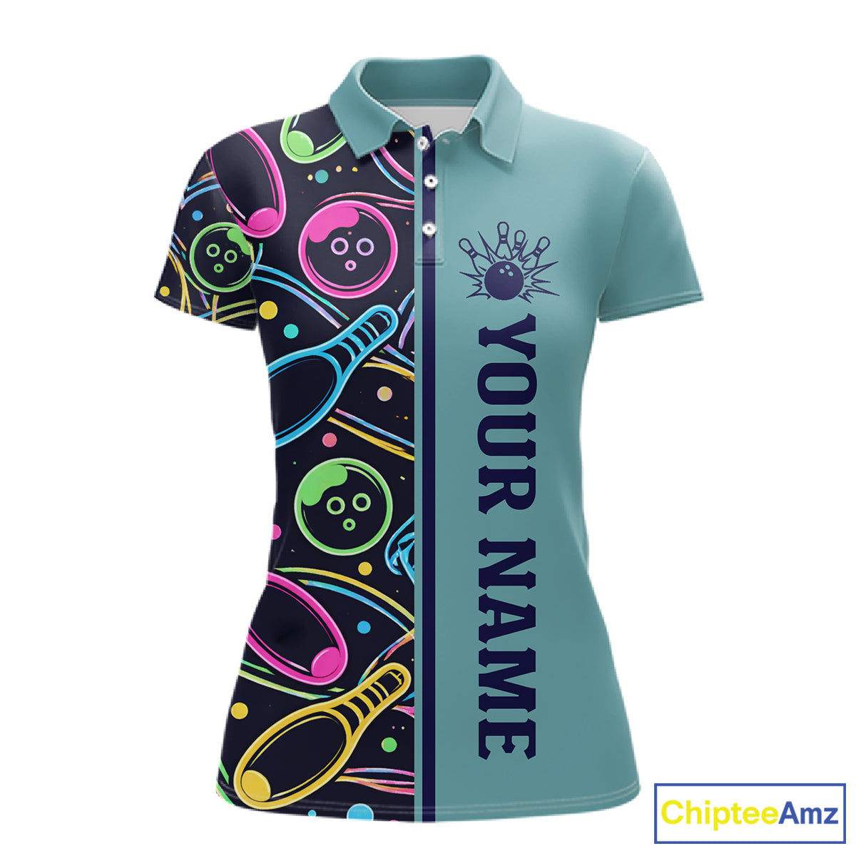 Personalized Funny Neon Bowing Shirt For Women, Retro Bowling Team Jersey Polo & 1/4 Zip | Teal TDM6187