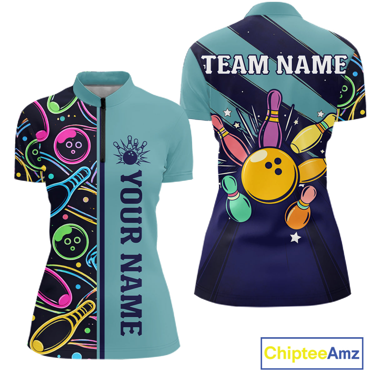 Personalized Funny Neon Bowing Shirt For Women, Retro Bowling Team Jersey Polo & 1/4 Zip | Teal TDM6187