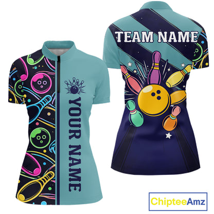 Personalized Funny Neon Bowing Shirt For Women, Retro Bowling Team Jersey Polo & 1/4 Zip | Teal TDM6187
