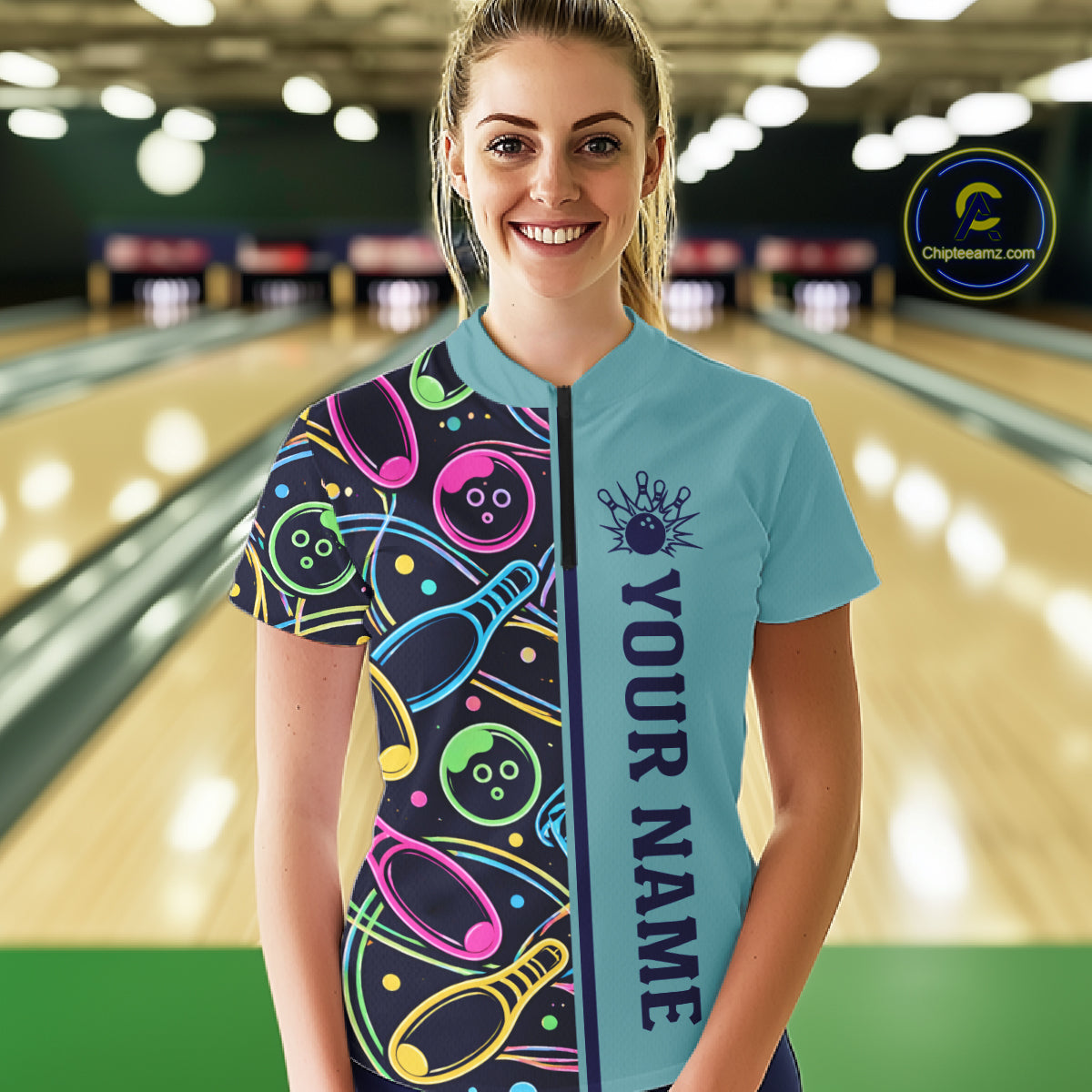 Personalized Funny Neon Bowing Shirt For Women, Retro Bowling Team Jersey Polo & 1/4 Zip | Teal TDM6187