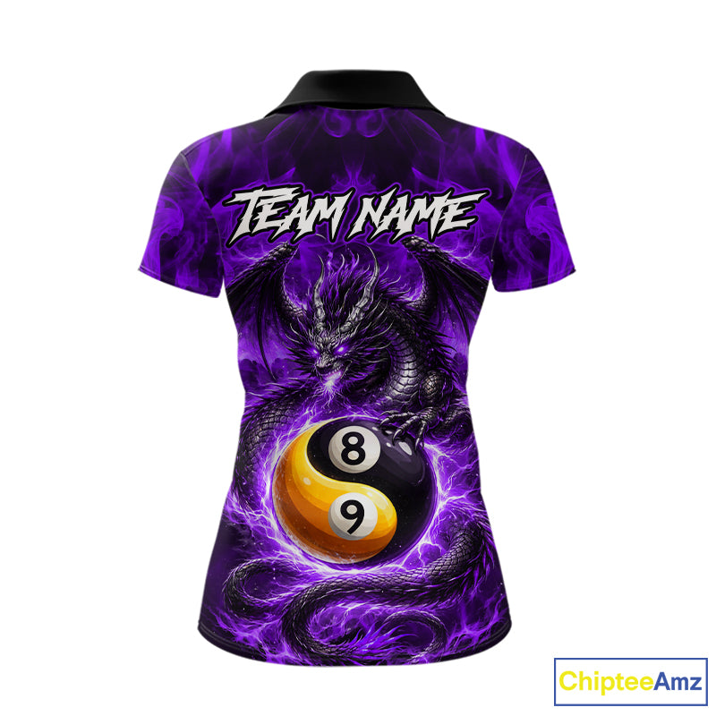 Purple 8 Ball & 9 Ball Fire Yin And Yang Dragon Billiard Shirt For Women Custom Pool Team Jersey TDM5843