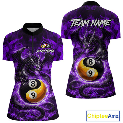 Purple 8 Ball & 9 Ball Fire Yin And Yang Dragon Billiard Shirt For Women Custom Pool Team Jersey TDM5843