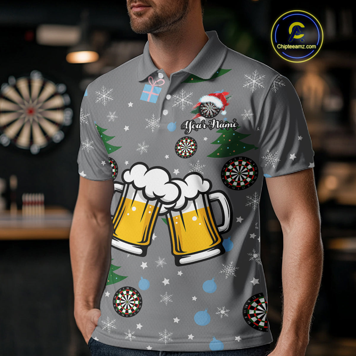 Funny Santa And Beer Christmas Darts Polo & 1/4 Zip For Men Custom Xmas Darts Shirt, Darts Gift TDM4911