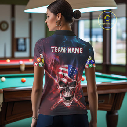 US Flag Patriotic Skull Women's Billiard Shirt Custom Pool Team Shirt Billiard Jersey Polo & 1/4 Zip TDM5140