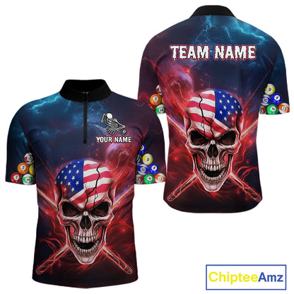 US Flag Patriotic Skull Men's Billiard Shirt Custom Pool Team Shirt Billiard Jersey Polo & 1/4 Zip TDM5140