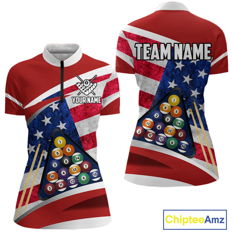 Personalized American Flag Billiard Shirt For Women Custom Patriotic Pool Team Jersey Polo & 1/4 Zip TDM5610