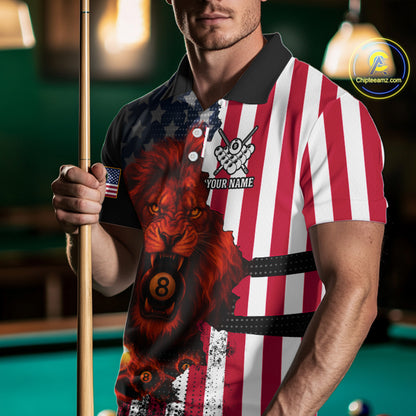 American Flag Lion 8 Ball Billiard Shirt For Men Custom Patriotic Pool Team Shirt Polo & 1/4 Zip TDM5341