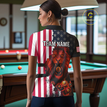American Flag Lion 8 Ball Billiard Shirt For Women Custom Patriotic Pool Team Shirt Polo & 1/4 Zip TDM5341