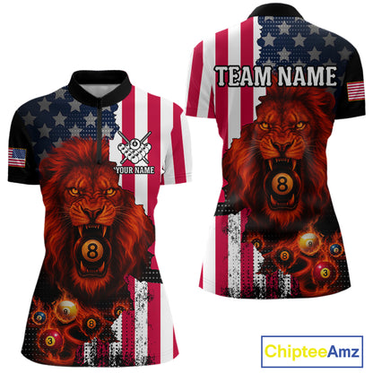 American Flag Lion 8 Ball Billiard Shirt For Women Custom Patriotic Pool Team Shirt Polo & 1/4 Zip TDM5341