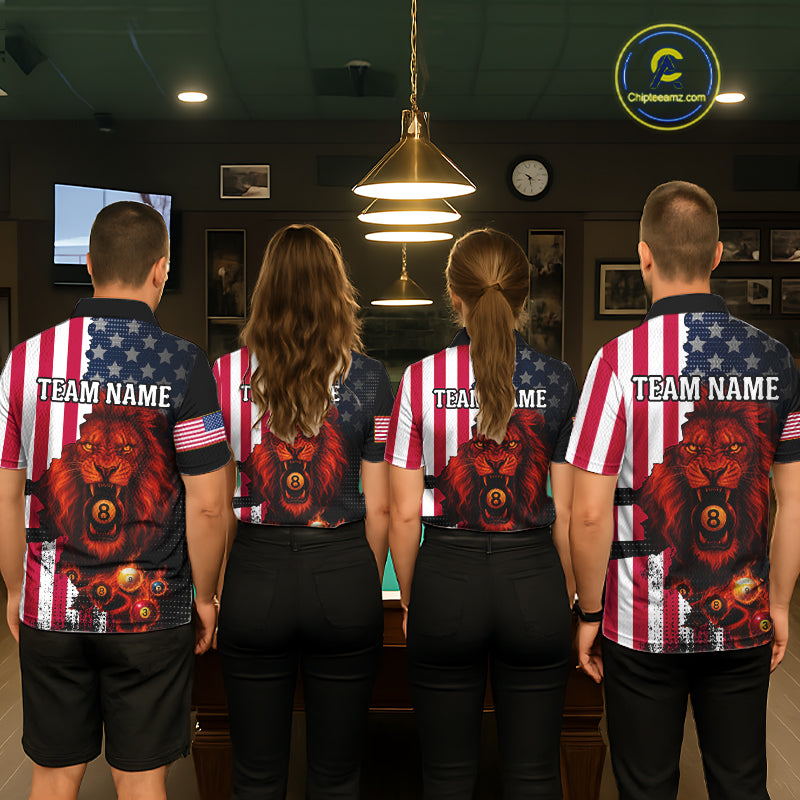 American Flag Lion 8 Ball Billiard Shirt For Men Custom Patriotic Pool Team Shirt Polo & 1/4 Zip TDM5341