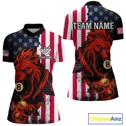 Personalized Lion American Flag Billiard Shirt For Women, 8 Ball Pool Team Jersey Polo & 1/4 Zip TDM5342