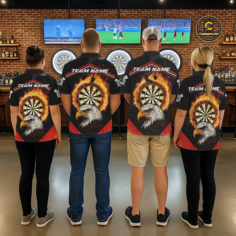 Black And Red Flaming Dartboard Eagle Darts Shirt For Men Custom Darts Jersey Team Polo & 1/4 Zip TDM6007