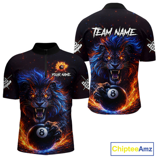 Personalized Billiard Fire Lion 8 Ball Pool Shirt For Men, Billiard Team Jersey Polo & 1/4 Zip TDM5660