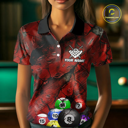Personalized Red Grunge Cracked 8 Ball Billiard Shirts For Women Custom Team League Billiard Jerseys NYN2982