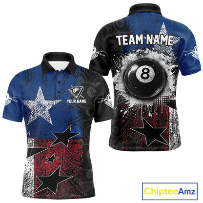 Men's billiard polo featuring distressed Texas flag and realistic 8 ball graphics, personalized performance apparel for Texas pool teams, rodeo enthusiasts, outdoor lifestyle and APA leagues, symbolizing independence, pride and resilience.