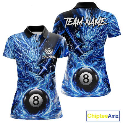 Fire Flame Blue 8 Ball Billiard Dragon Shirts For Women Custom Dragon Team Billiard Jerseys NYN3950