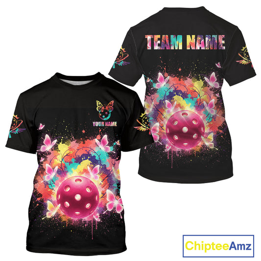 Colorful Flowers Butterfly Pickleball Ball T-Shirt Custom Black Men's Pickleball Jerseys NYN1874