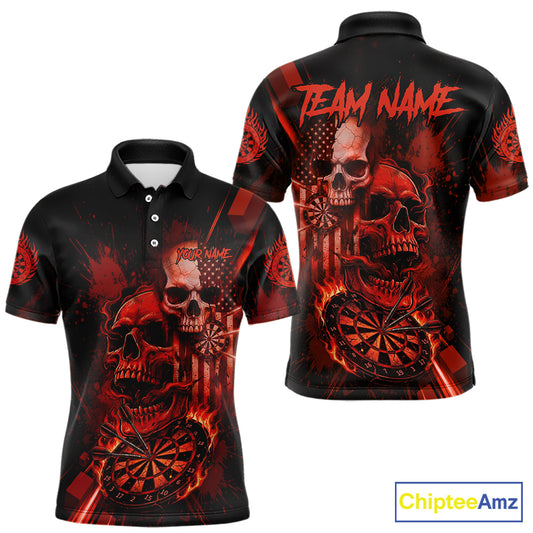 Custom Red Smokes Grunge Skull Men Darts Polo Shirt US Flag Skull Dart League Jerseys NYN2123