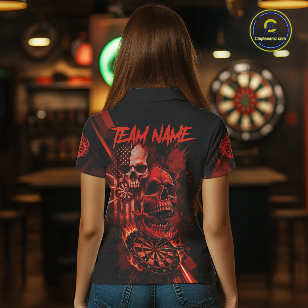 Custom Red Smokes Grunge Skull Women Darts Polo Shirt US Flag Skull Dart League Jerseys NYN2123