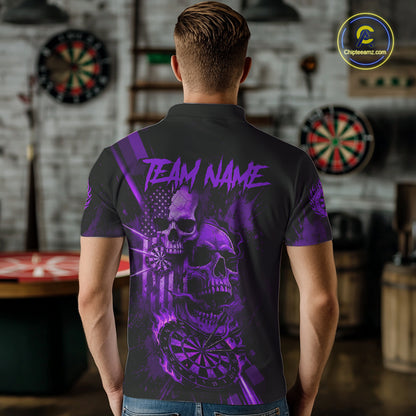 Custom Purple Smokes Grunge Skull Men Darts Polo Shirt US Flag Skull Dart League Jerseys NYN2124